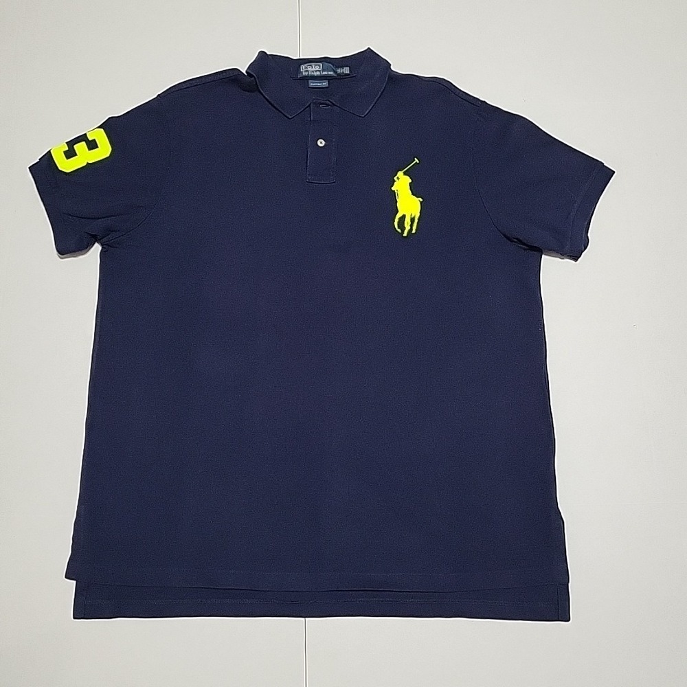Polo Ralph Lauren Polo Shirt Mens XXL Costume Fit Navy Neon Green Big Pony 3